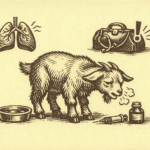 An illustration of a sick goat coughing near a water bowl, vial, and syringe, with images of lungs and a veterinarian’s bag in the background highlights symptoms of goat respiratory illness.