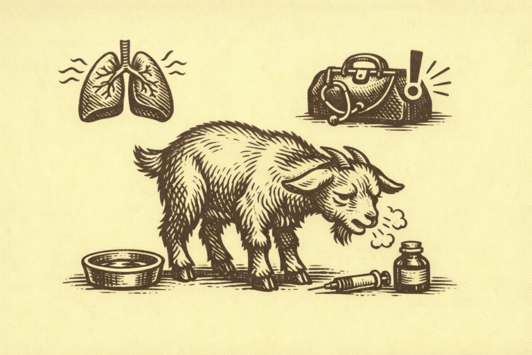 An illustration of a sick goat coughing near a water bowl, vial, and syringe, with images of lungs and a veterinarian’s bag in the background highlights symptoms of goat respiratory illness.